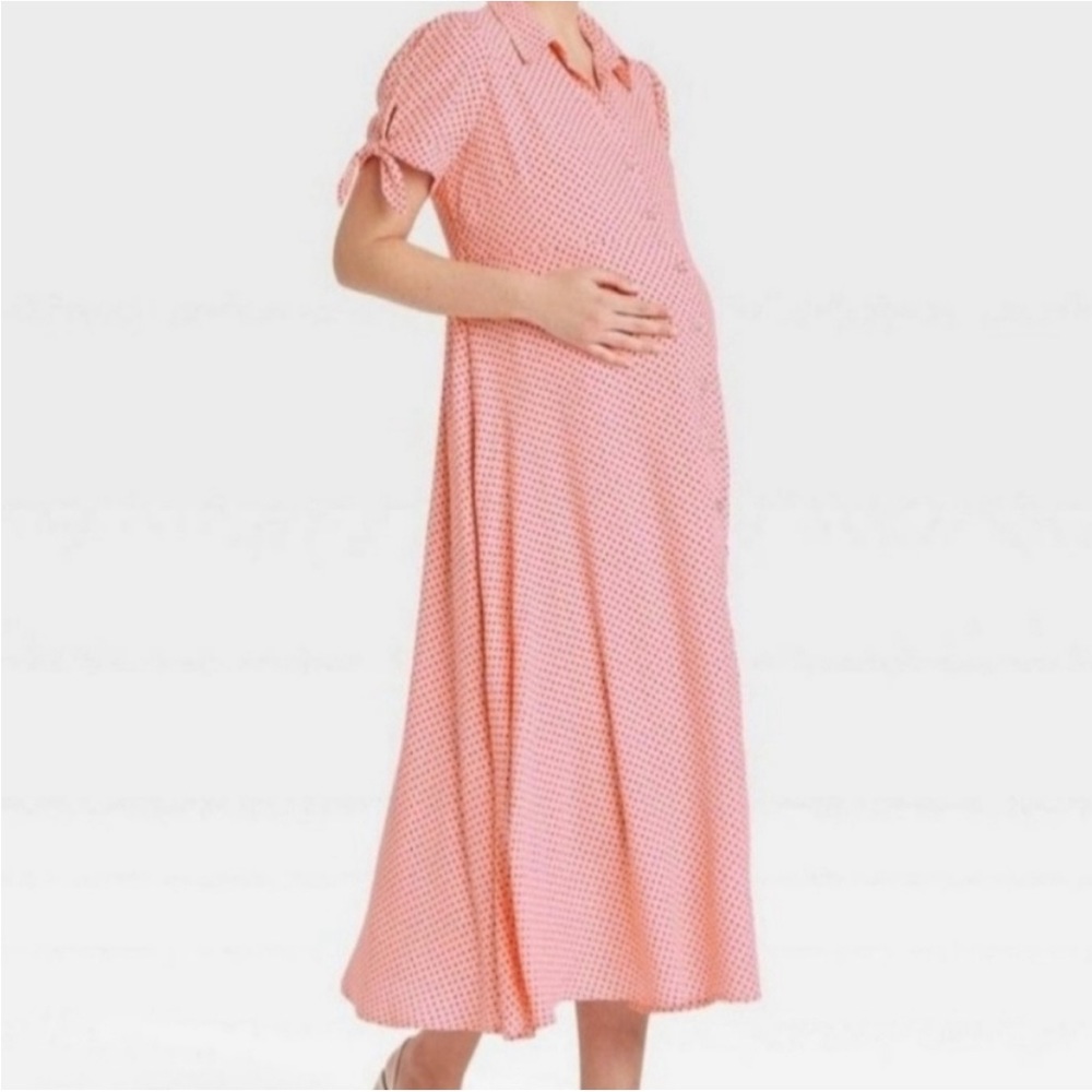 The Nines by Hatch Pink Red Polka Dot Button Front Maternity Dress Size Large